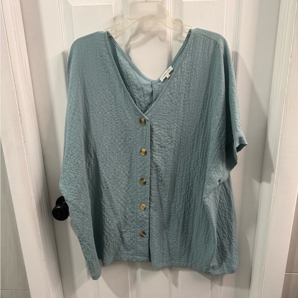 Relaxed V-Neck Button-Front Top in Sage Green